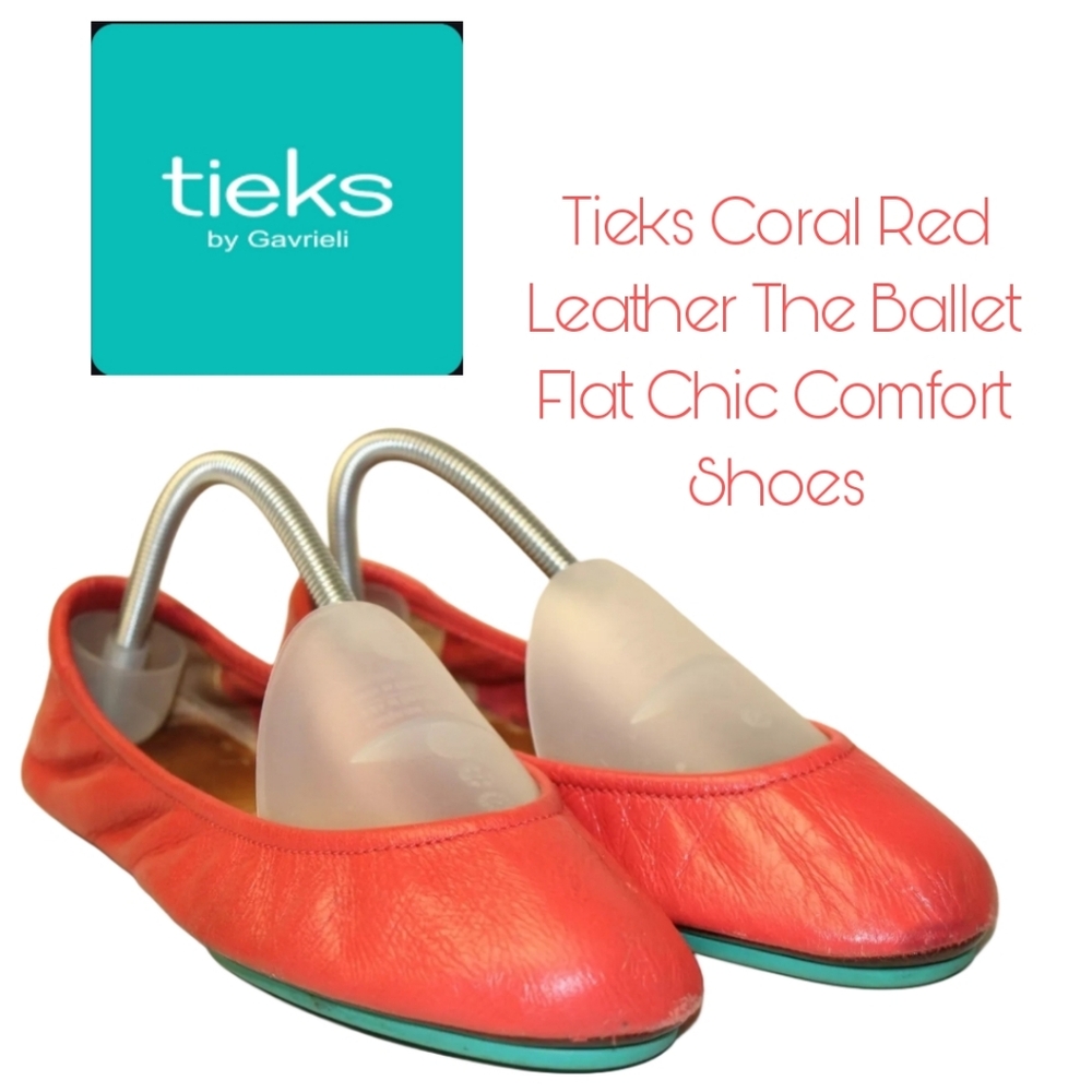 Tieks Coral Red Leather The Ballet Flat Chic Comfort Travel Shoes 9 EUC 👀 - Picture 2 of 16